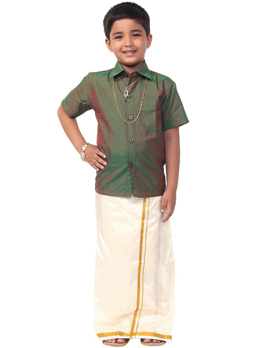 Thala-thalapathy Boys Olive Green & Off-White Solid Shirt and Veshti With Gift Set