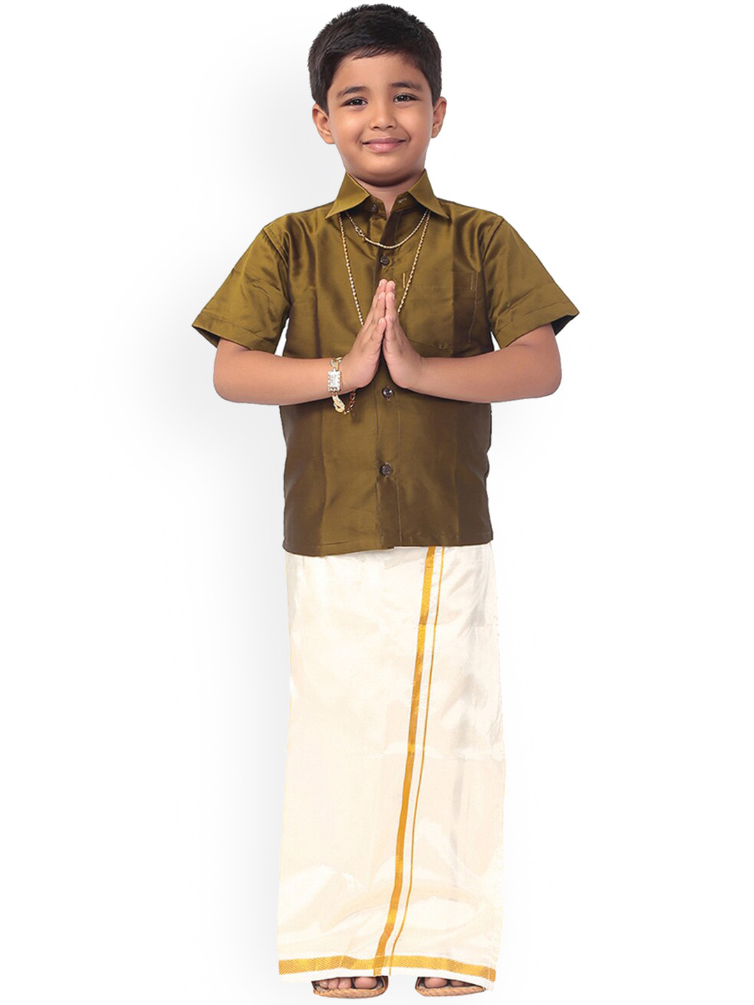 Thangamagan Boys Olive Brown & White Solid Shirt with Veshti & Towel With Gift Set