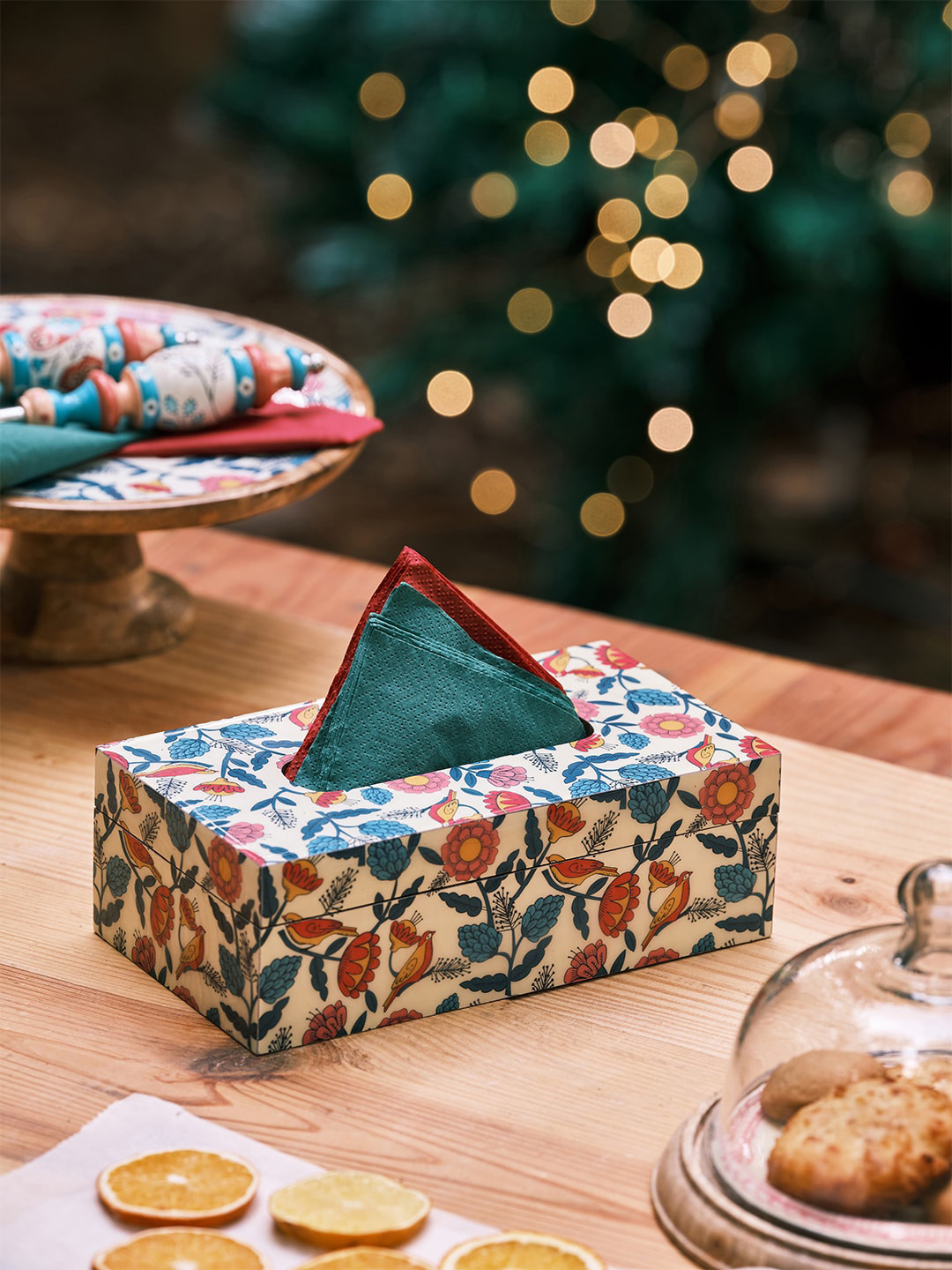 Chumbak White & Blue Floral Printed Wooden Tissue Box