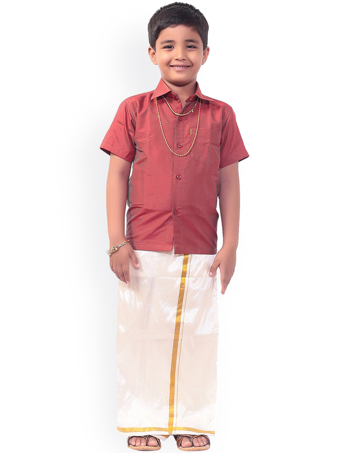 Thala-thalapathy Boys Red & Off-White Solid Shirt with Veshti & Gift