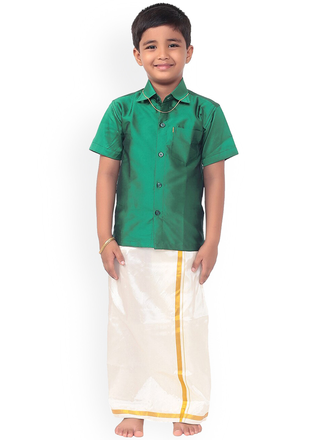 Thala-thalapathy Boys Green & Off-White Solid Shirt with Veshti & Gift