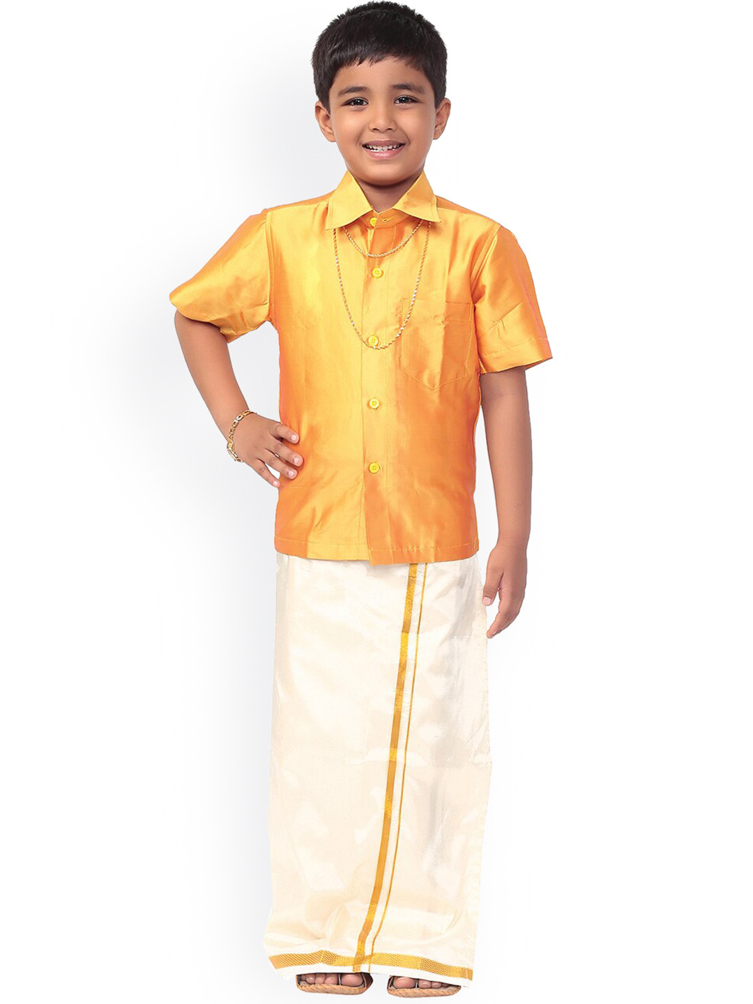 Thangamagan Boys Mustard Yellow & White Solid Shirt and Veshti