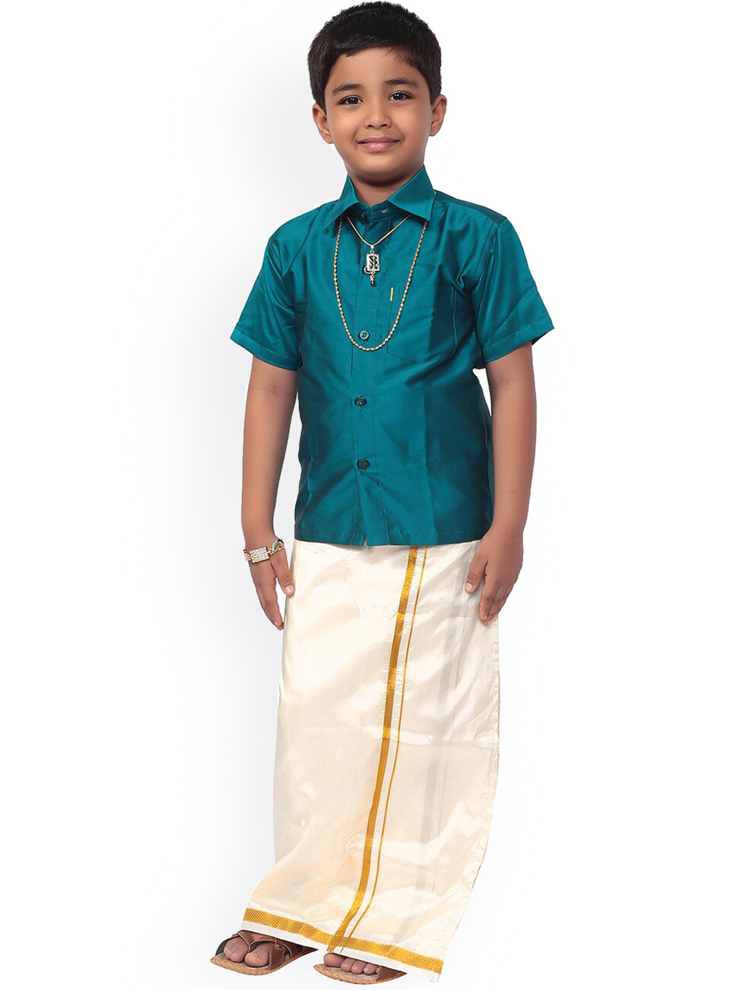 Thangamagan Boys Blue Solid Shirt with Off-White Veshti