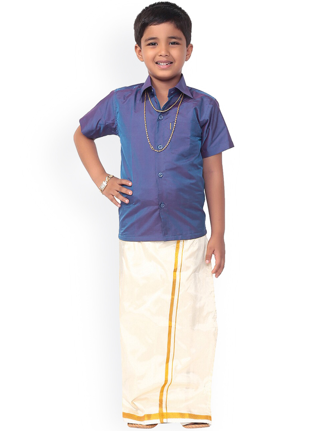 Thangamagan Boys Purple Solid Shirt With Off-White Veshti