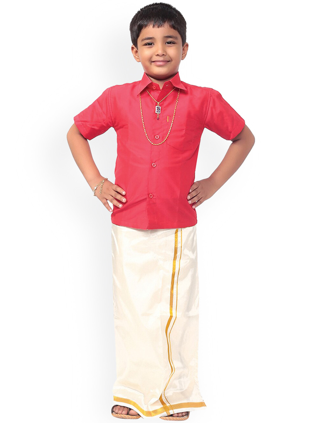 Thala-thalapathy Boys Red & Off- White Solid Shirt with Veshti & Gift Set