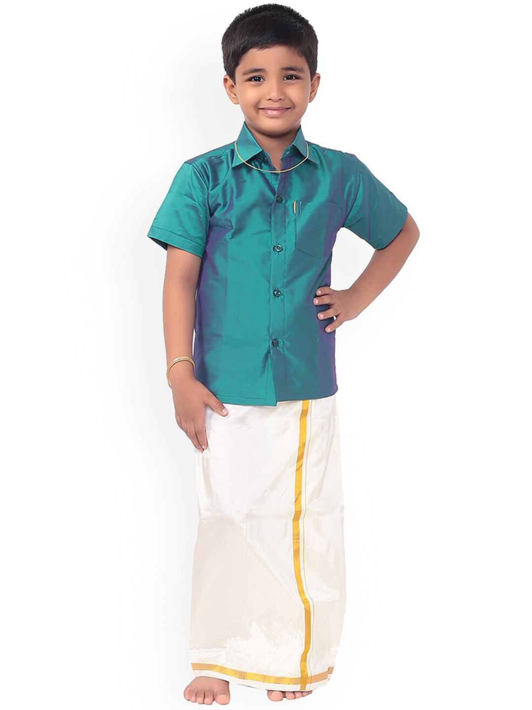 Thangamagan Boys Teal Blue & White Solid Shirt and Veshti
