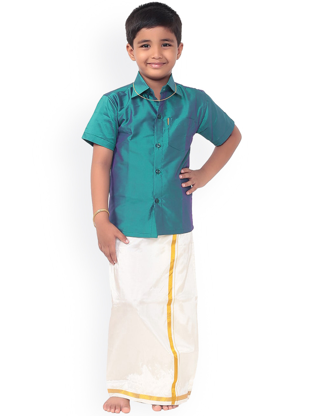 Thala-Thalapathy Boys Blue & Off-White Solid Shirt with Veshti & Towel With Gift Set