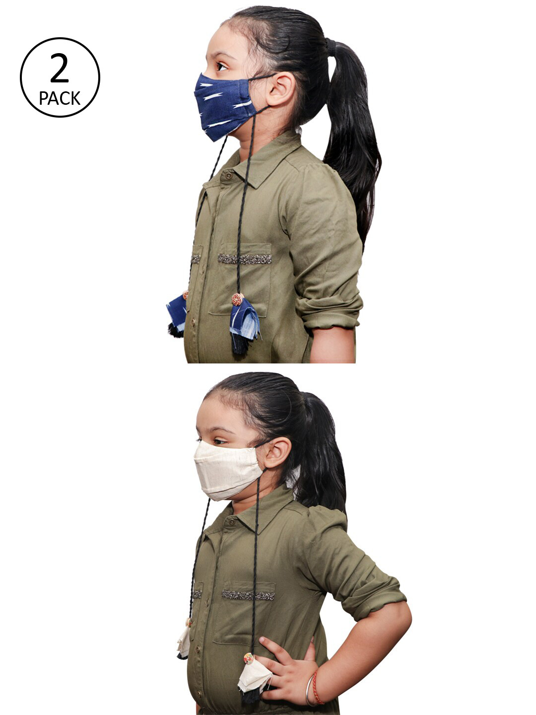 JBN Creation Unisex Kids Pack Of 2 Navy-Blue & White Solid Reusable Cloth Masks