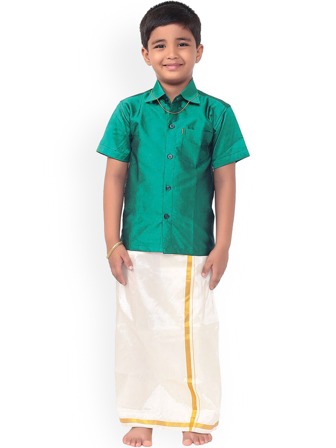 Thala-thalapathy Boys Green Solid Shirt With Off-White Veshti & Towel With Gift Set