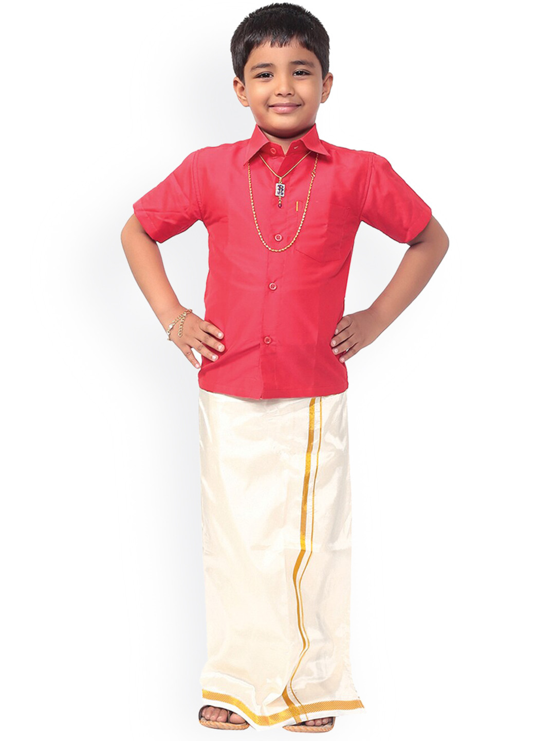 Thangamagan Boys Coral Red & Off- White Solid Shirt and Veshti
