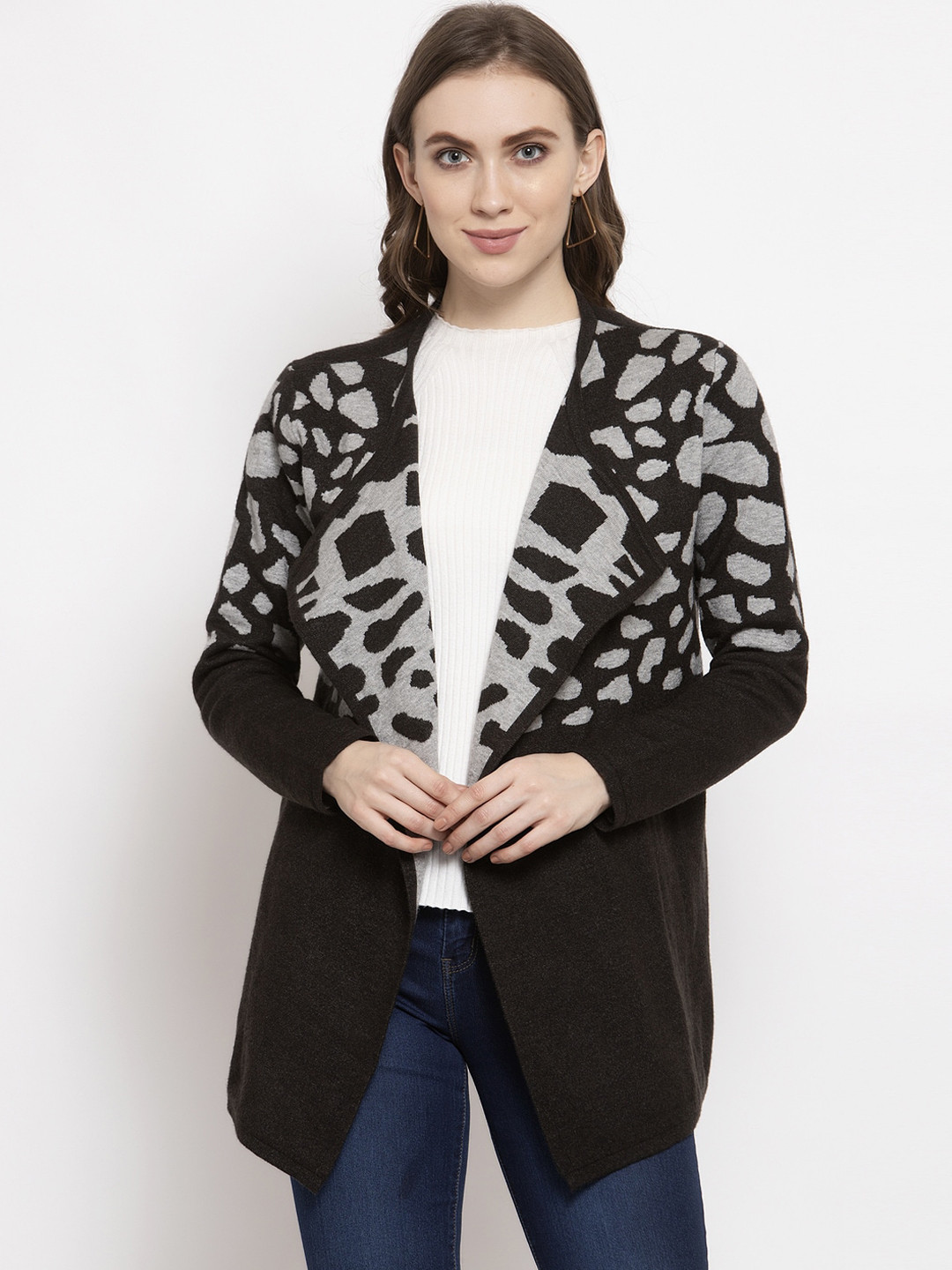 Gipsy Women Black Printed Acrylic Cardigan Sweater