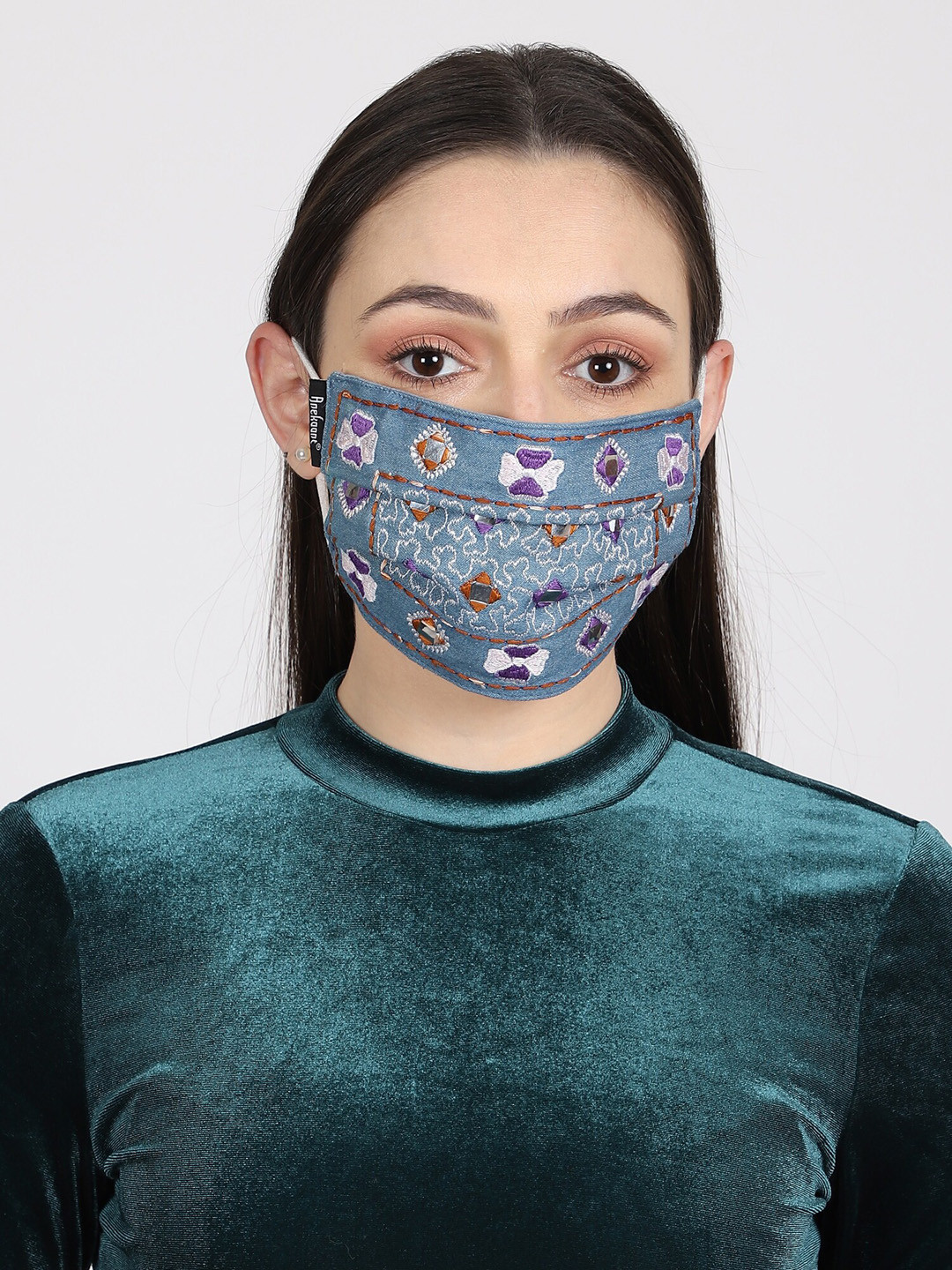 Anekaant Women Blue & White Embroidered 3-Ply Reusable Cloth Mask