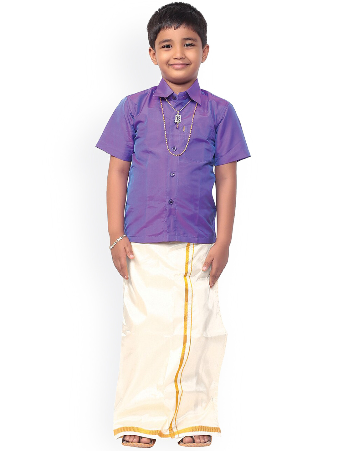 Thangamagan Boys Purple & White Solid Shirt and Veshti