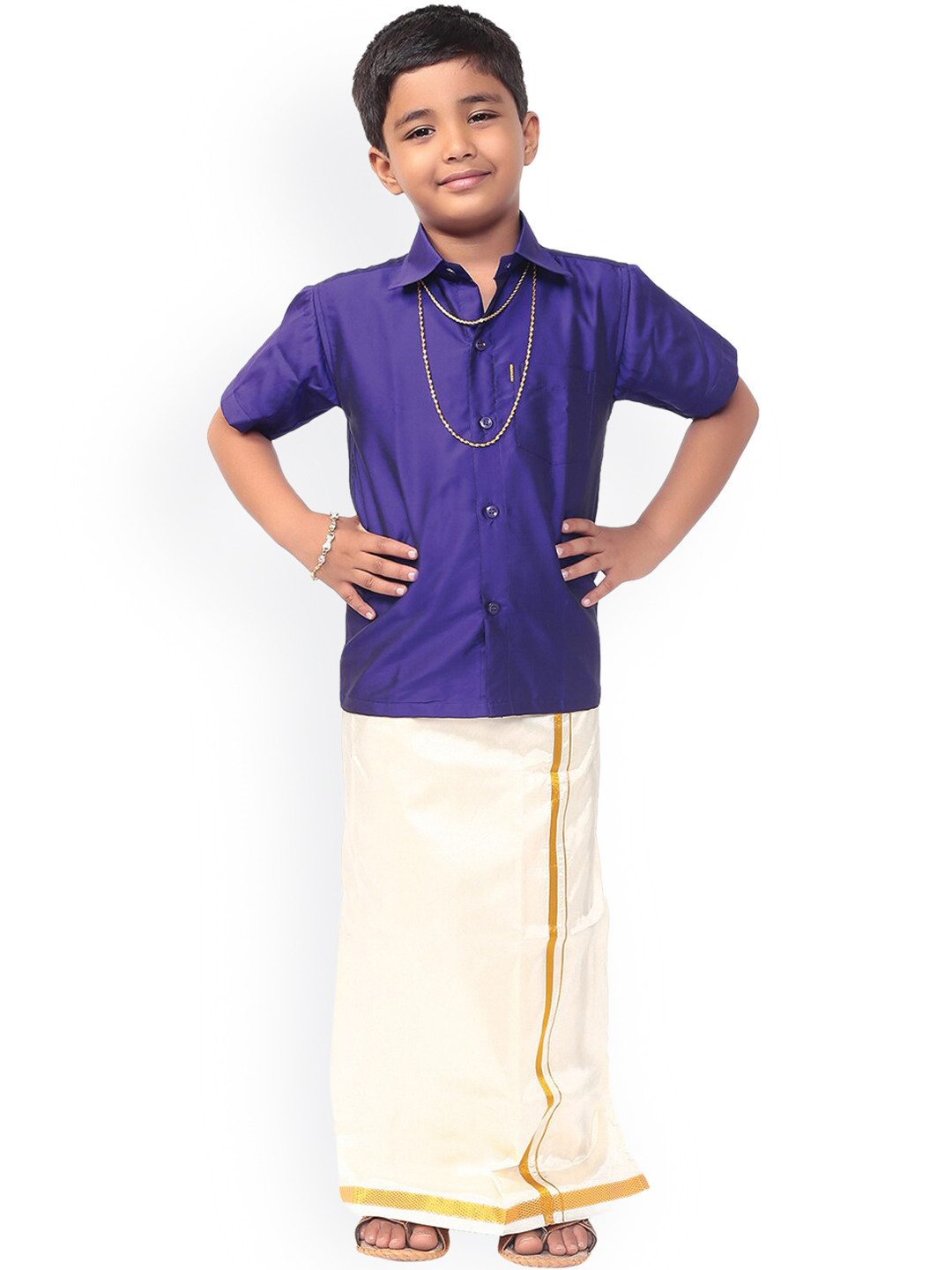 Thangamagan Boys Purple & Off-White Solid Shirt and Veshti
