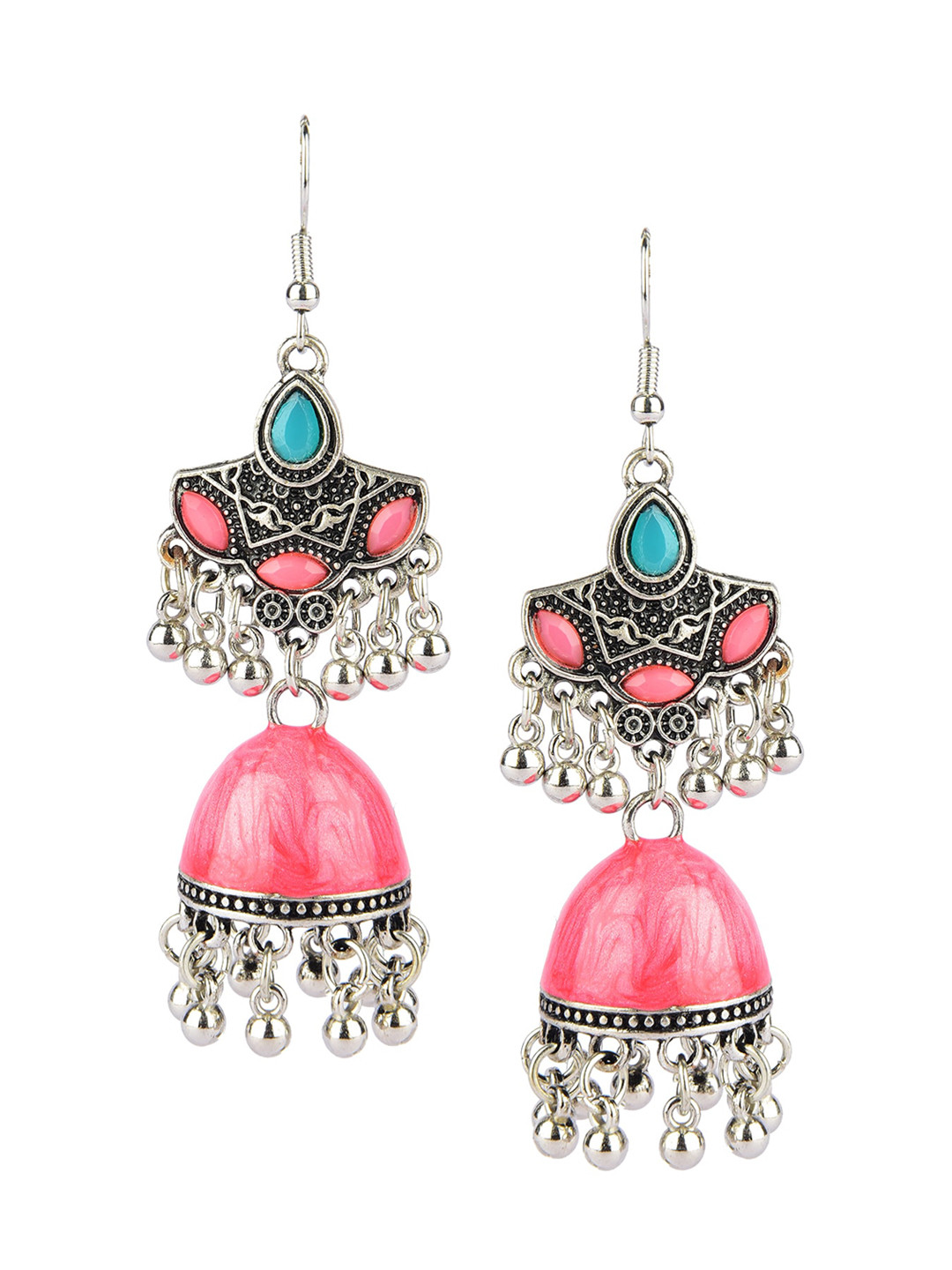 DESI COLOUR Blue & Pink Dome Shaped Jhumkas