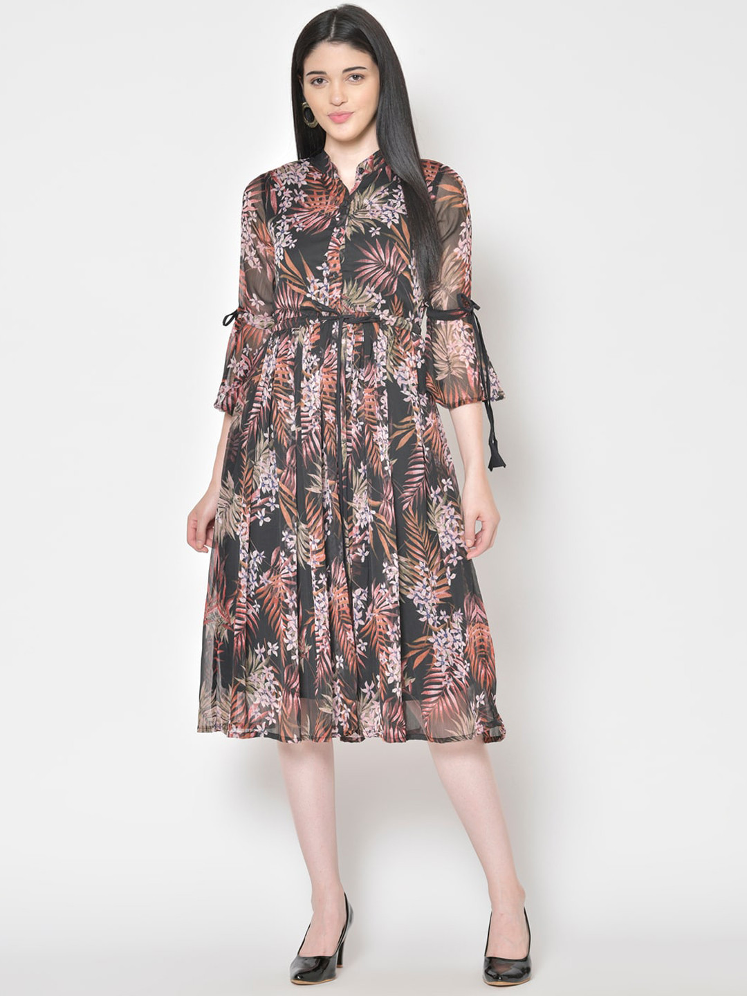 Cation Women Black & Pink Printed Fit and Flare Dress