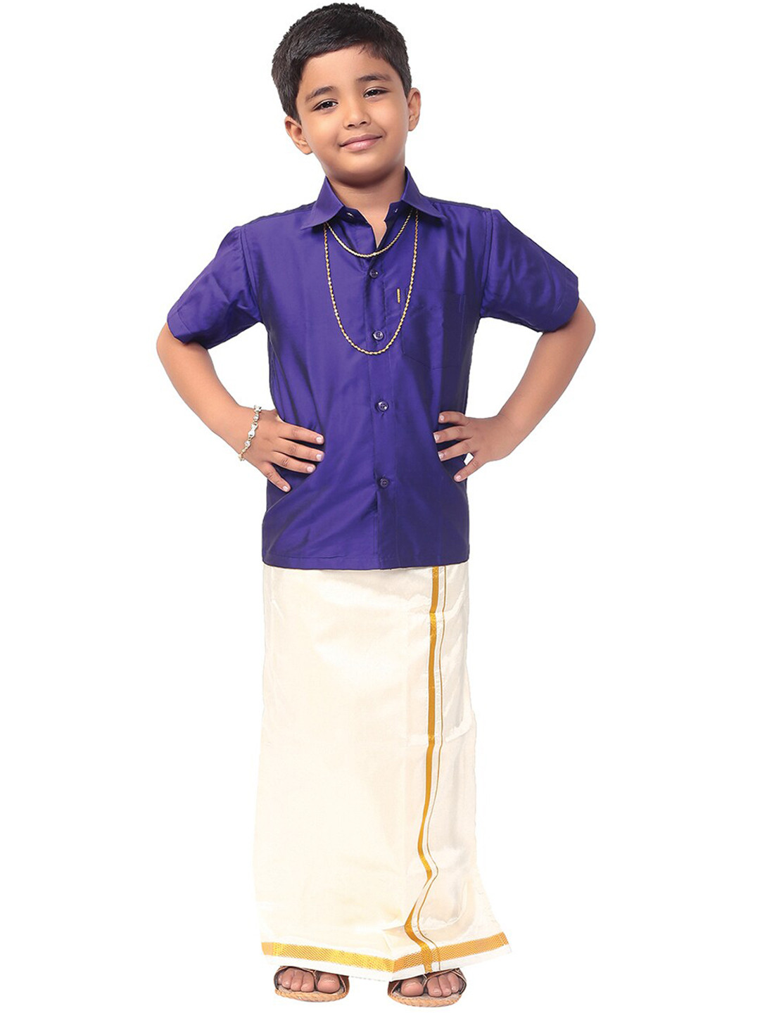 Thala-thalapathy Boys Purple & Cream-Colored Shirt and Veshti