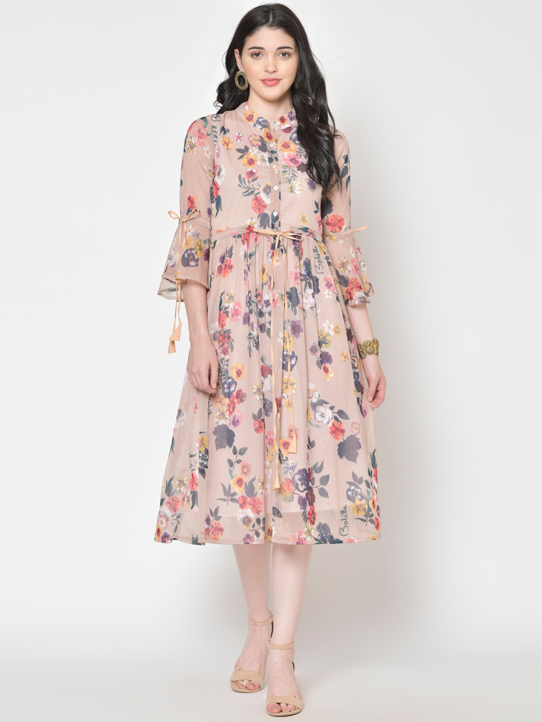 Cation Women Beige & Grey Floral Printed Fit and Flare Dress