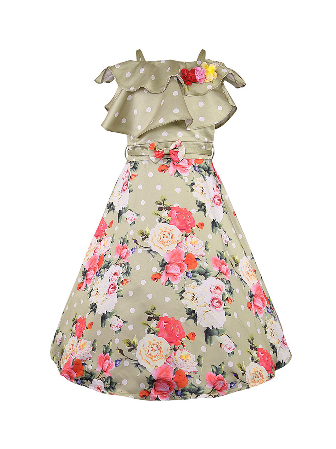 Wish Karo Girls Cream-Coloured Floral Printed Fit and Flare Dress