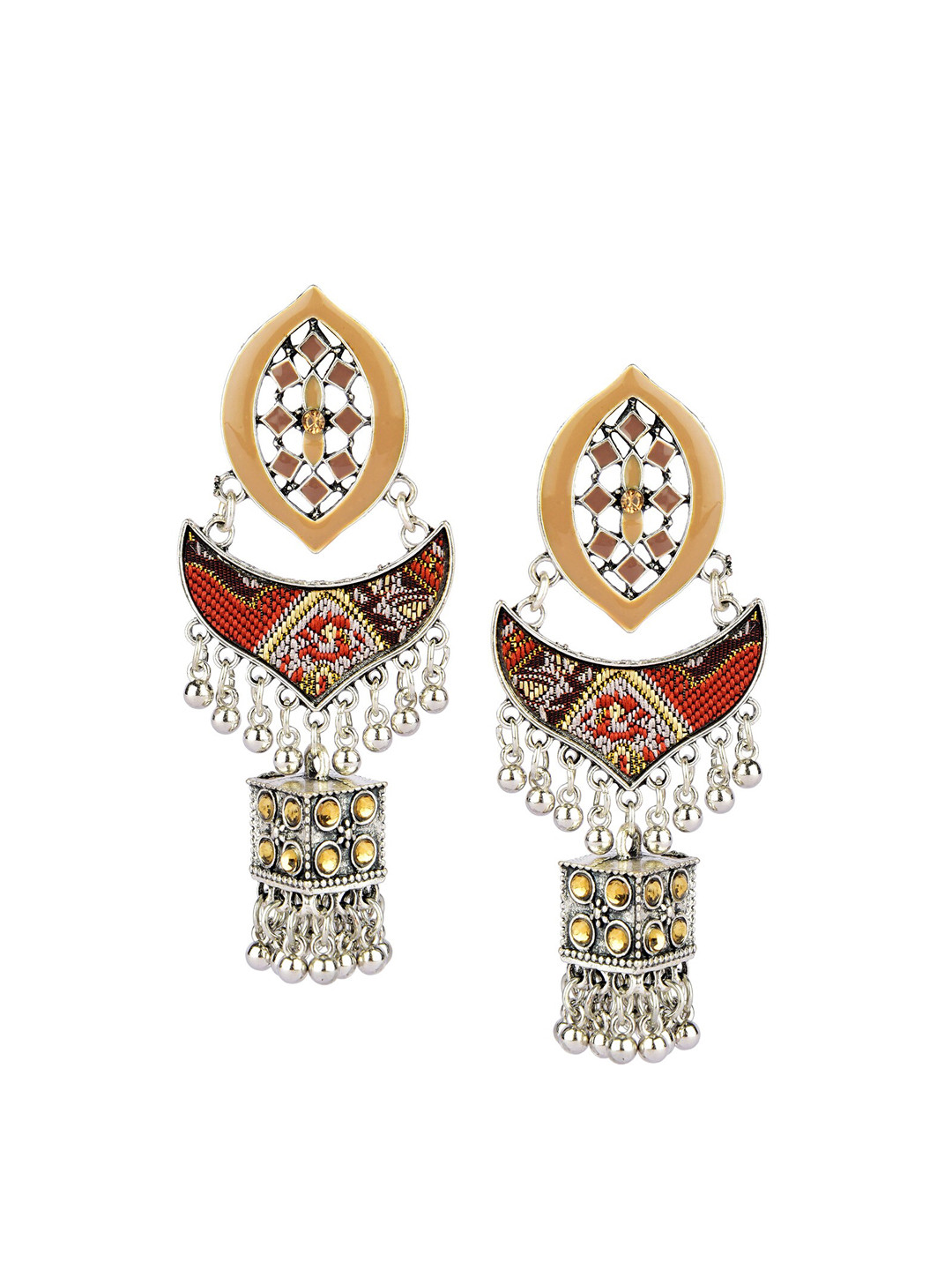 DESI COLOUR Gold-Toned & Red Oxidised Classic Jhumkas