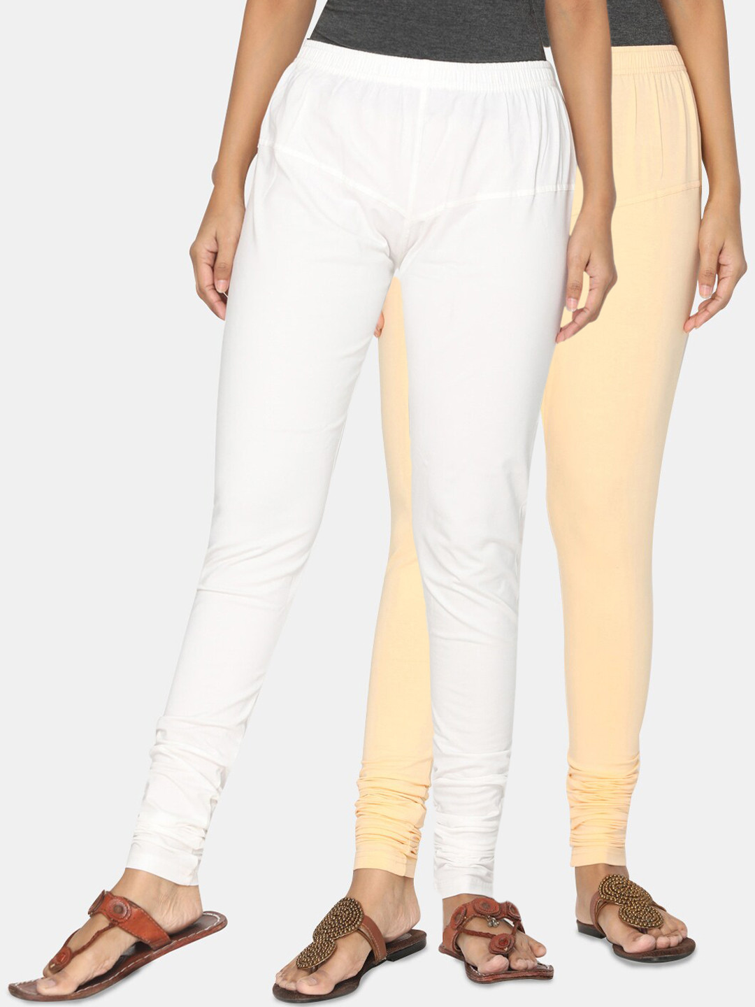 TSG Bliss Women Pack Of 2 Off-White & Cream-Colored Solid Churidar-Length Leggings