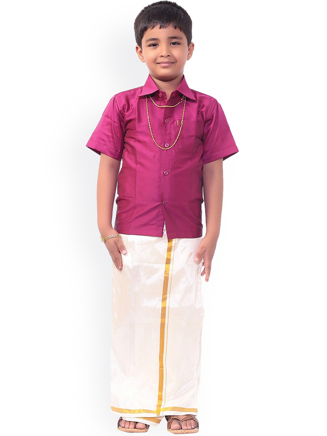 Thangamagan Boys Pink & Cream-Coloured Solid Shirt and Veshti