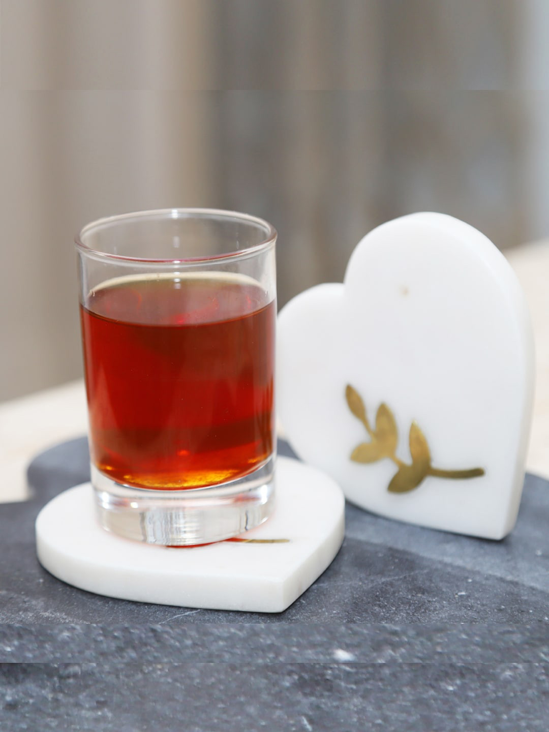 NikkisPride Set of 2 White & Gold-Toned Solid Heart-Shaped Handcrafted   Marble Coasters