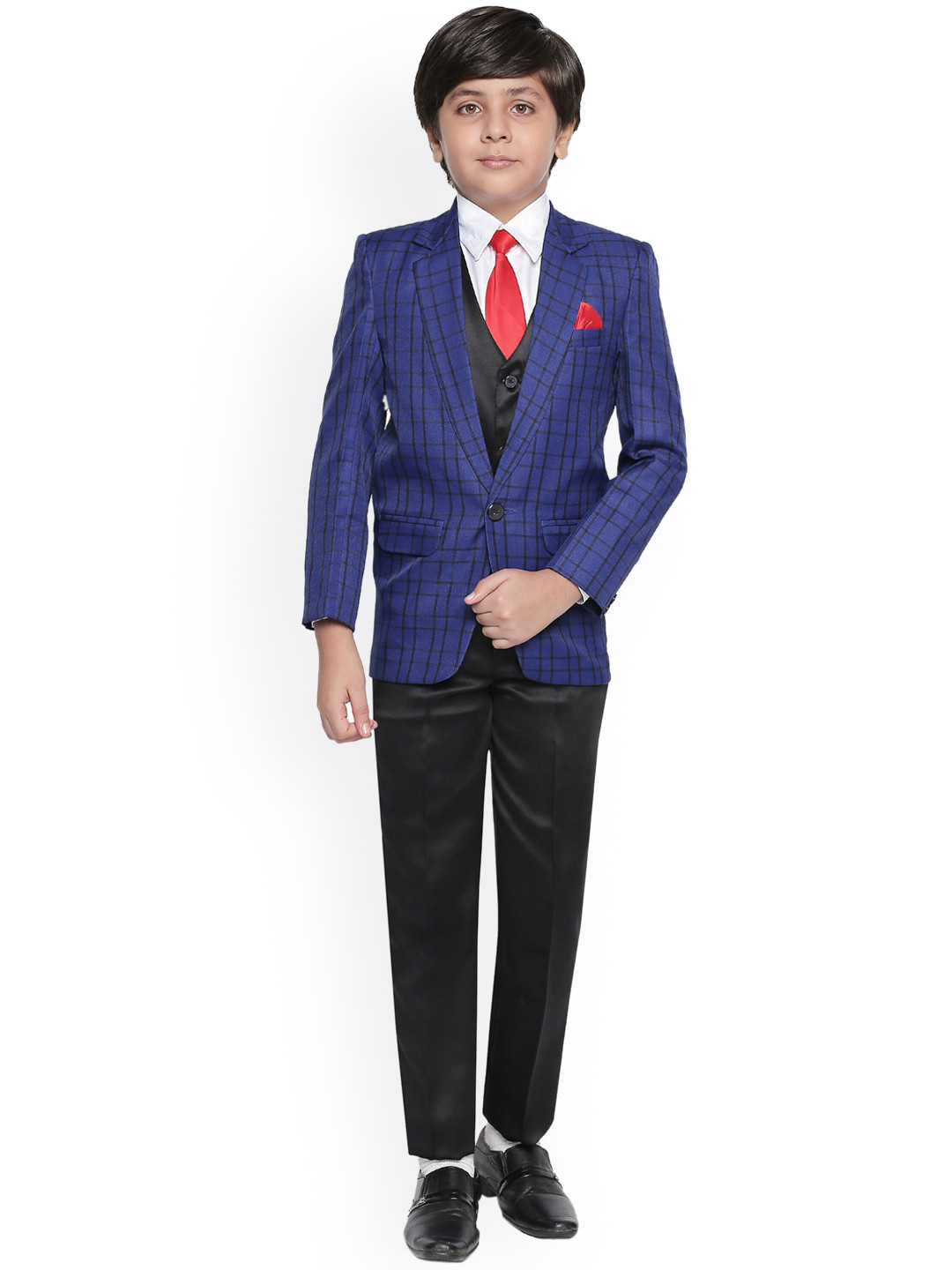 Jeetethnics Boys Navy Blue & Black Checked Regular-Fit Suit