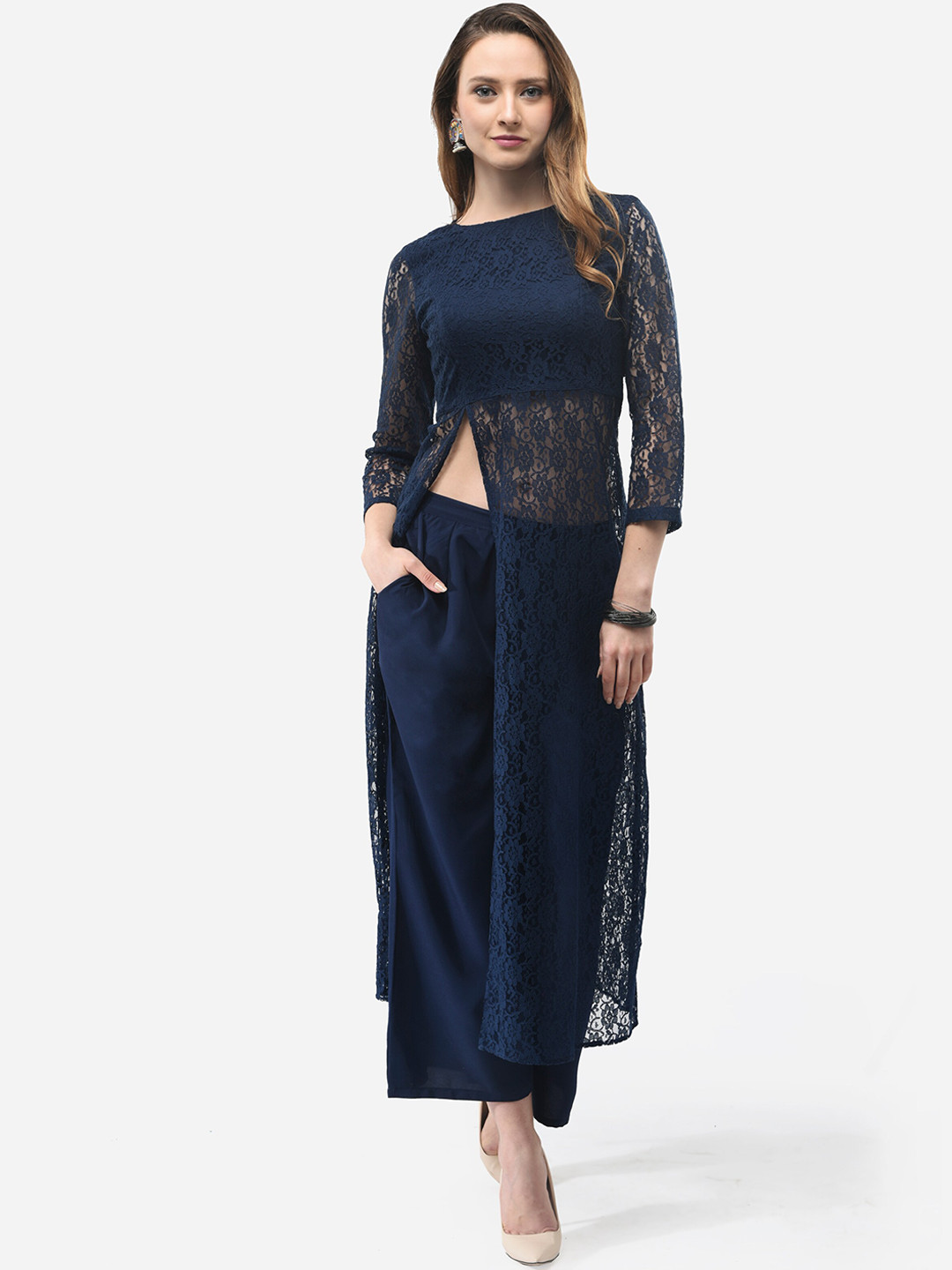 V&M Women Navy Blue Self Design Kurta with Palazzos