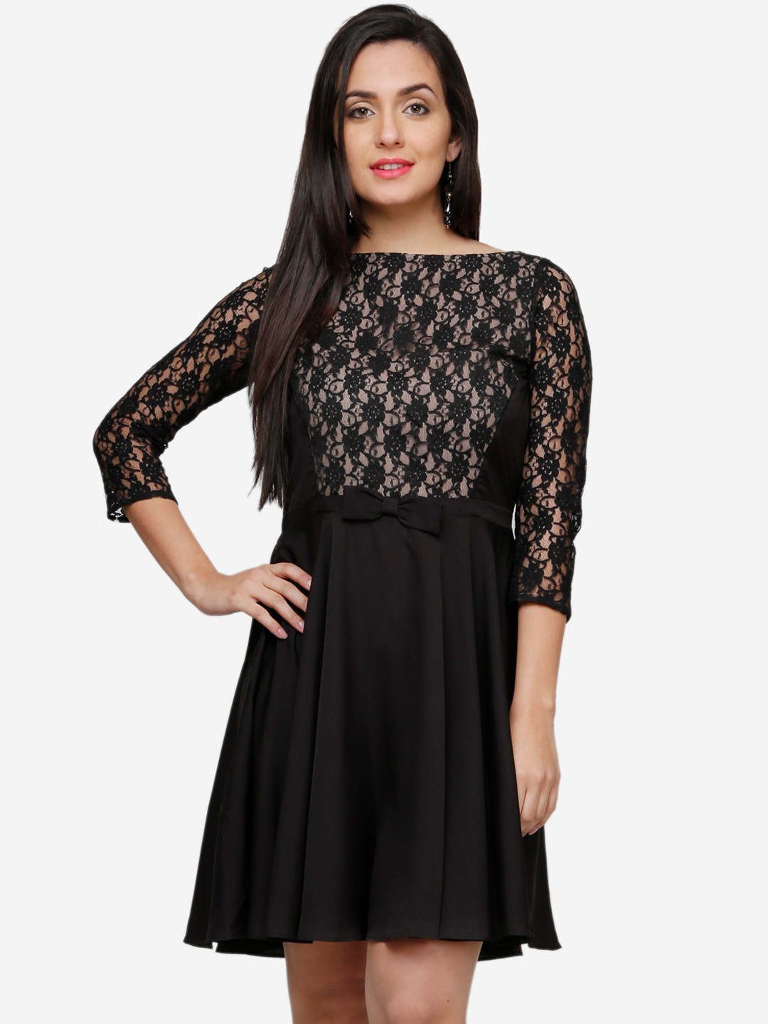 V&M Women Black Self Design Fit and Flare Dress