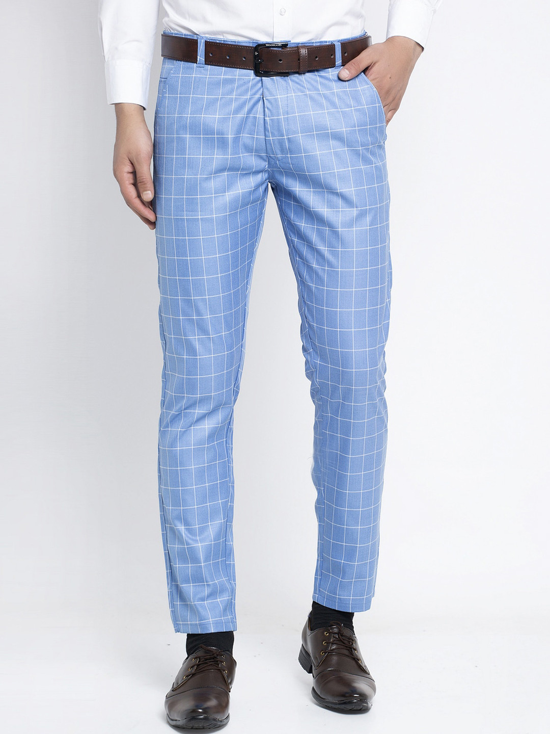 JAINISH Men Blue Slim Fit Checked Formal Trousers