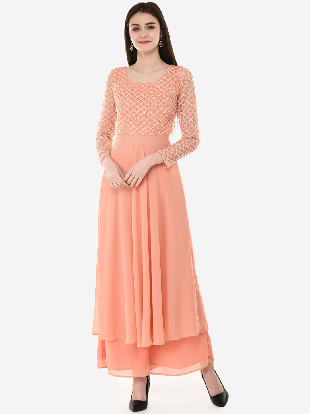 V&M Women Peach-Coloured Self Design Kurta with Palazzos