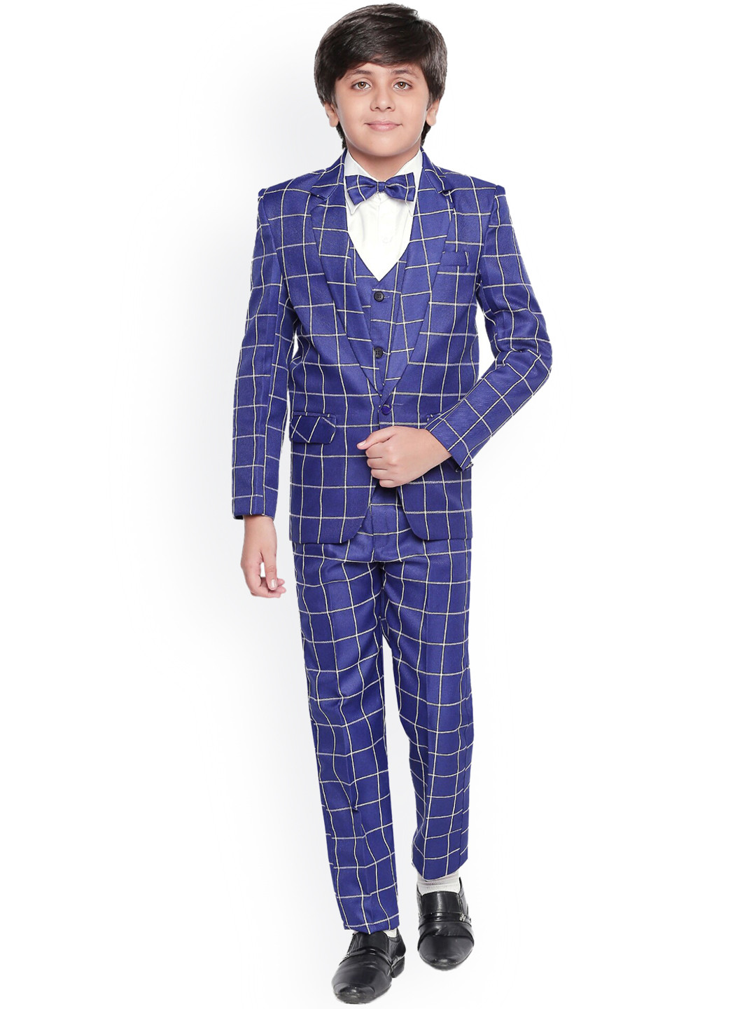 Jeetethnics Boys Navy Blue Checked 4 Piece Party Suit