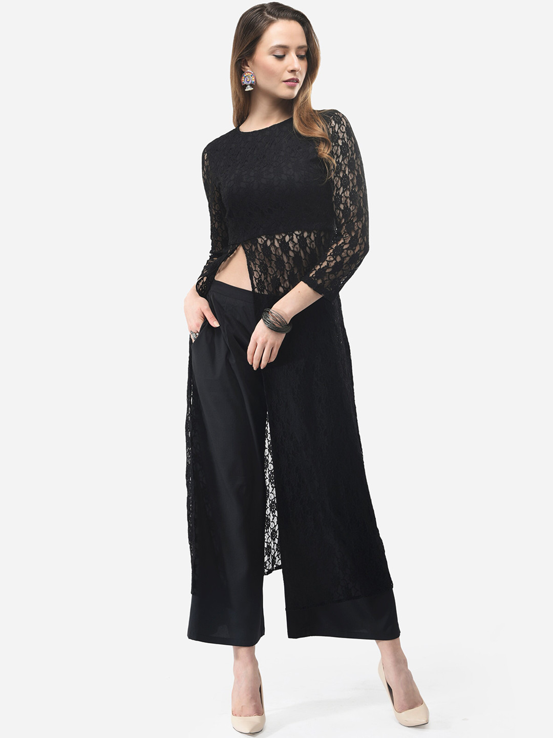 V&M Women Black Self Design Kurta with Palazzos