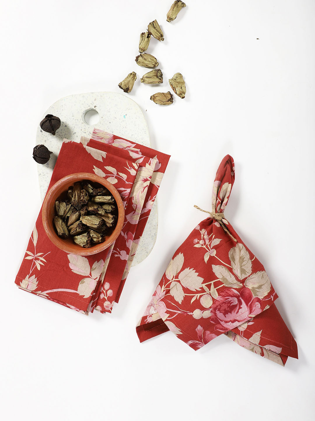 Contrast Living Set of 4 Red & Beige Flower Print Table Napkins