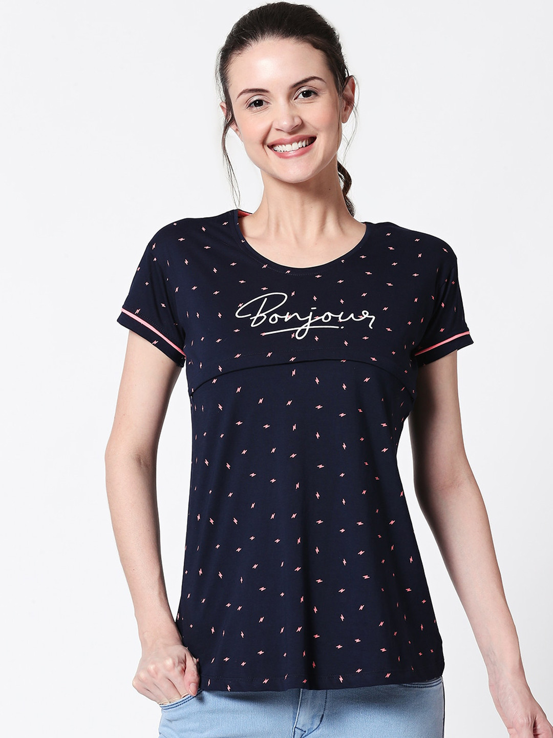 Zeyo Women Navy Blue Printed Knitted Feeding Pure Cotton Top