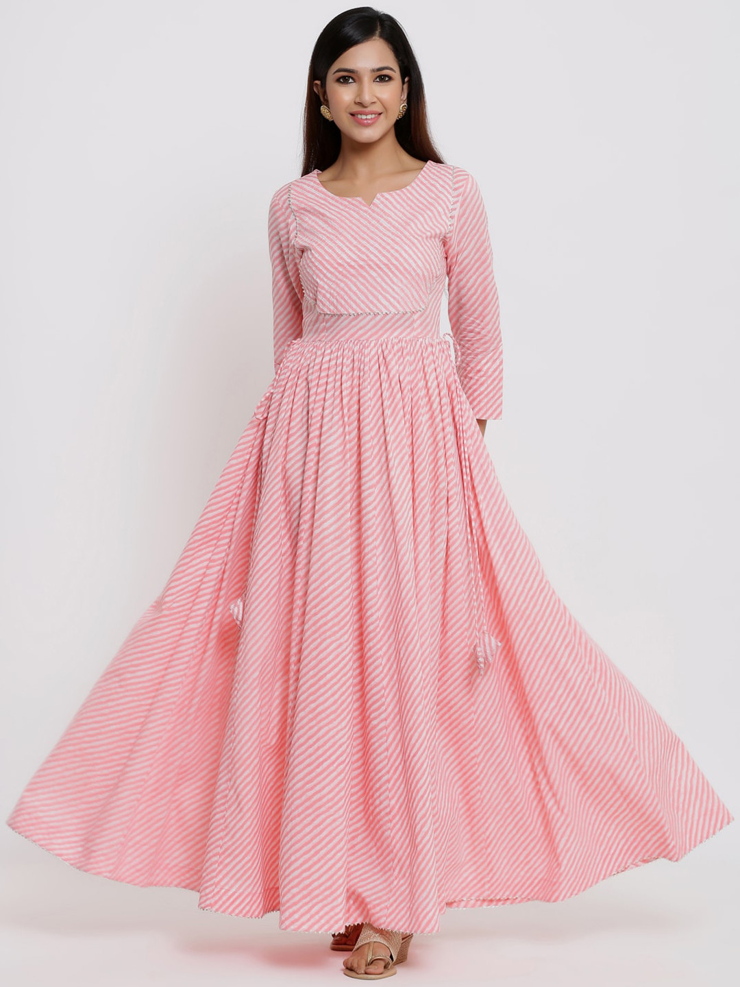 Indian Virasat Women Pink & Off-White Striped Maxi Dress