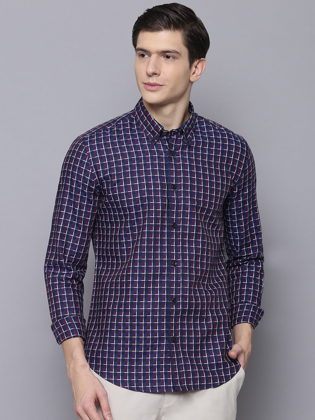 BEN SHERMAN Men Blue & Purple Slim Fit Checked Casual Shirt