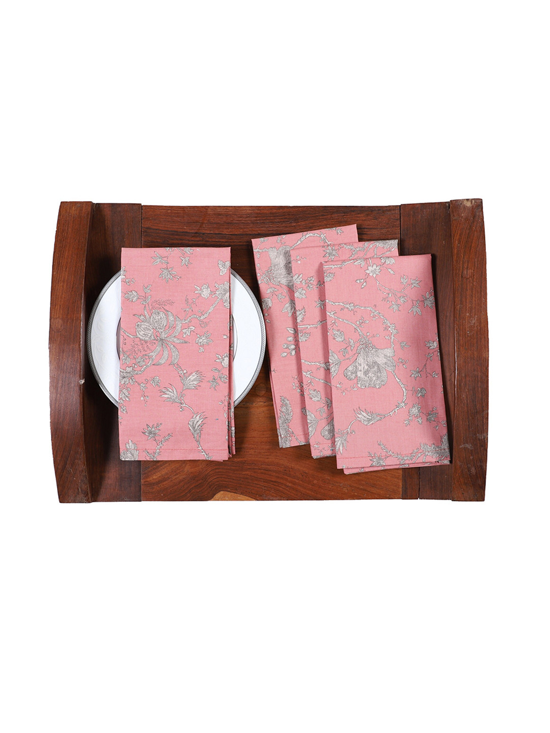 Contrast Living Pack of 4 Peach Coloured & Grey Floral Printed Table Napkins
