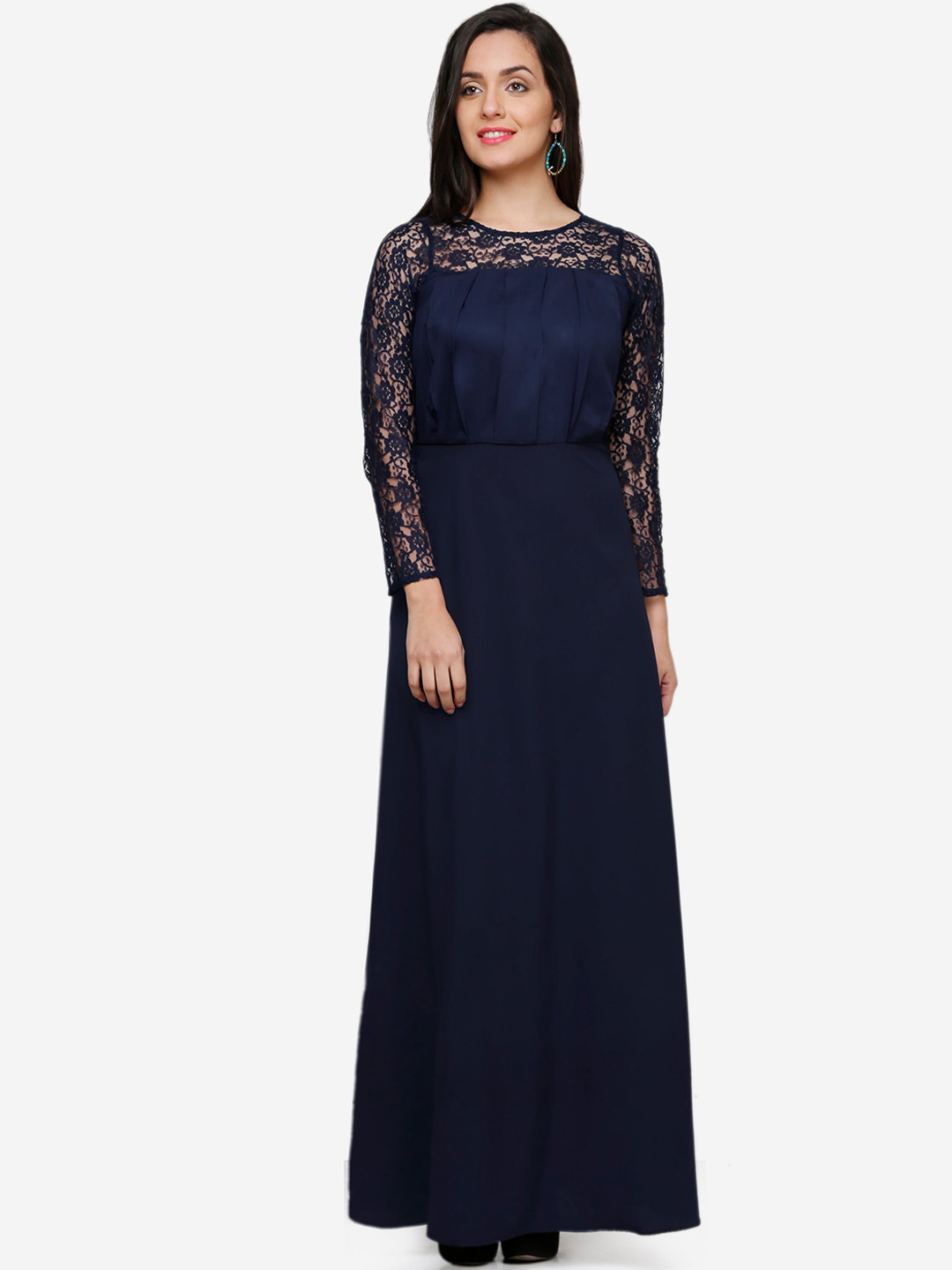 V&M Women Navy Blue Solid Lace Maxi Dress