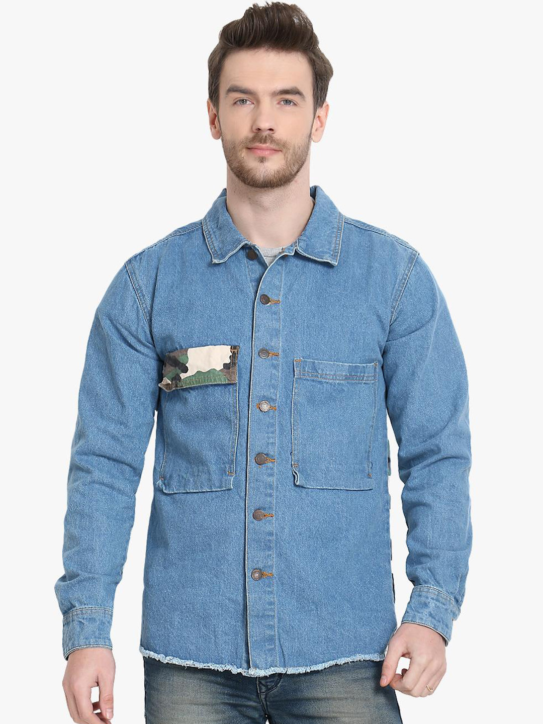 Kotty Men Blue & Green Camouflage Printed Denim Jacket