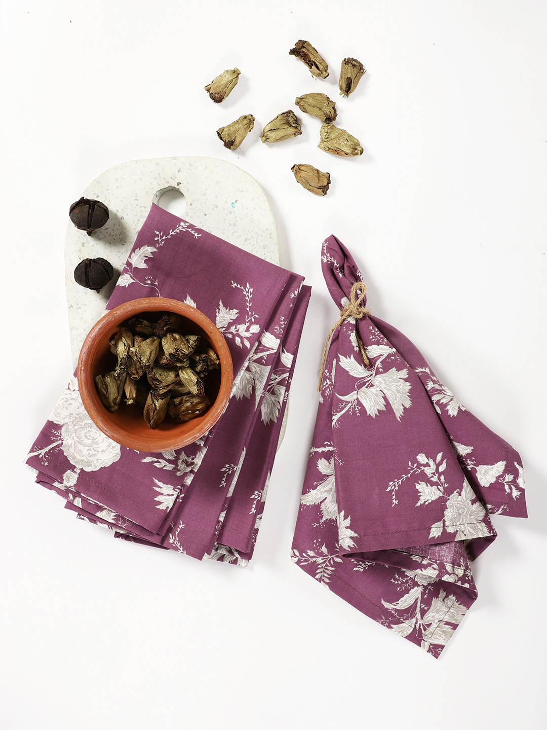 Contrast Living Pack Of 4 Purple & White Floral Printed Table Napkins