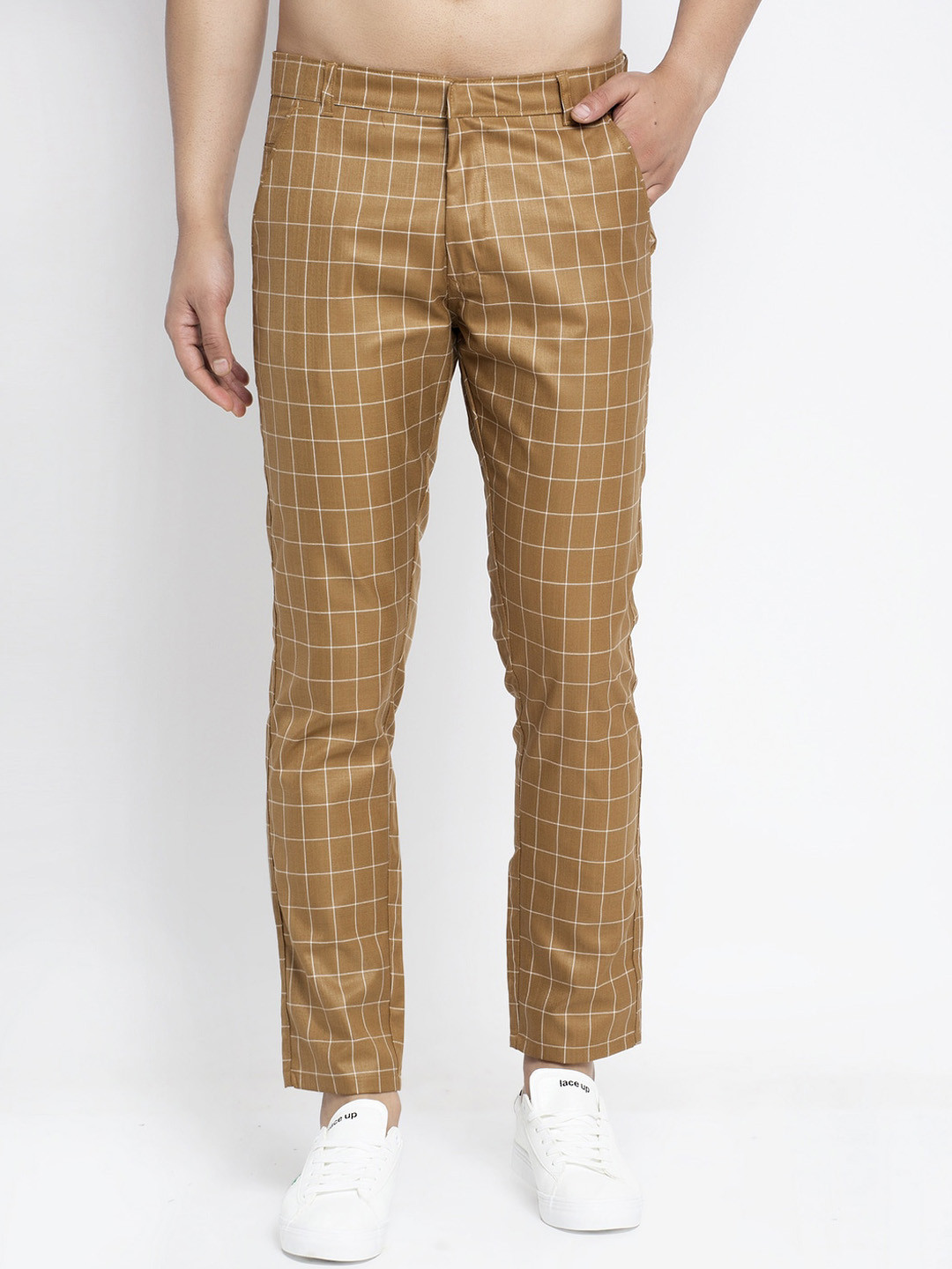 JAINISH Men Brown Slim Fit Checked Regular Trousers