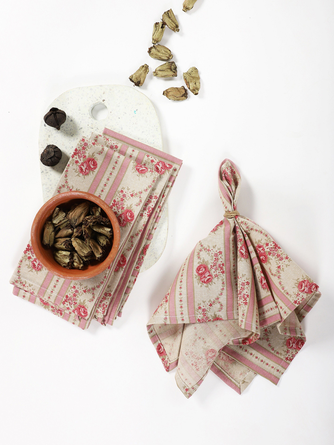 Contrast Living Set of 4 Beige & Pink Printed Napkins