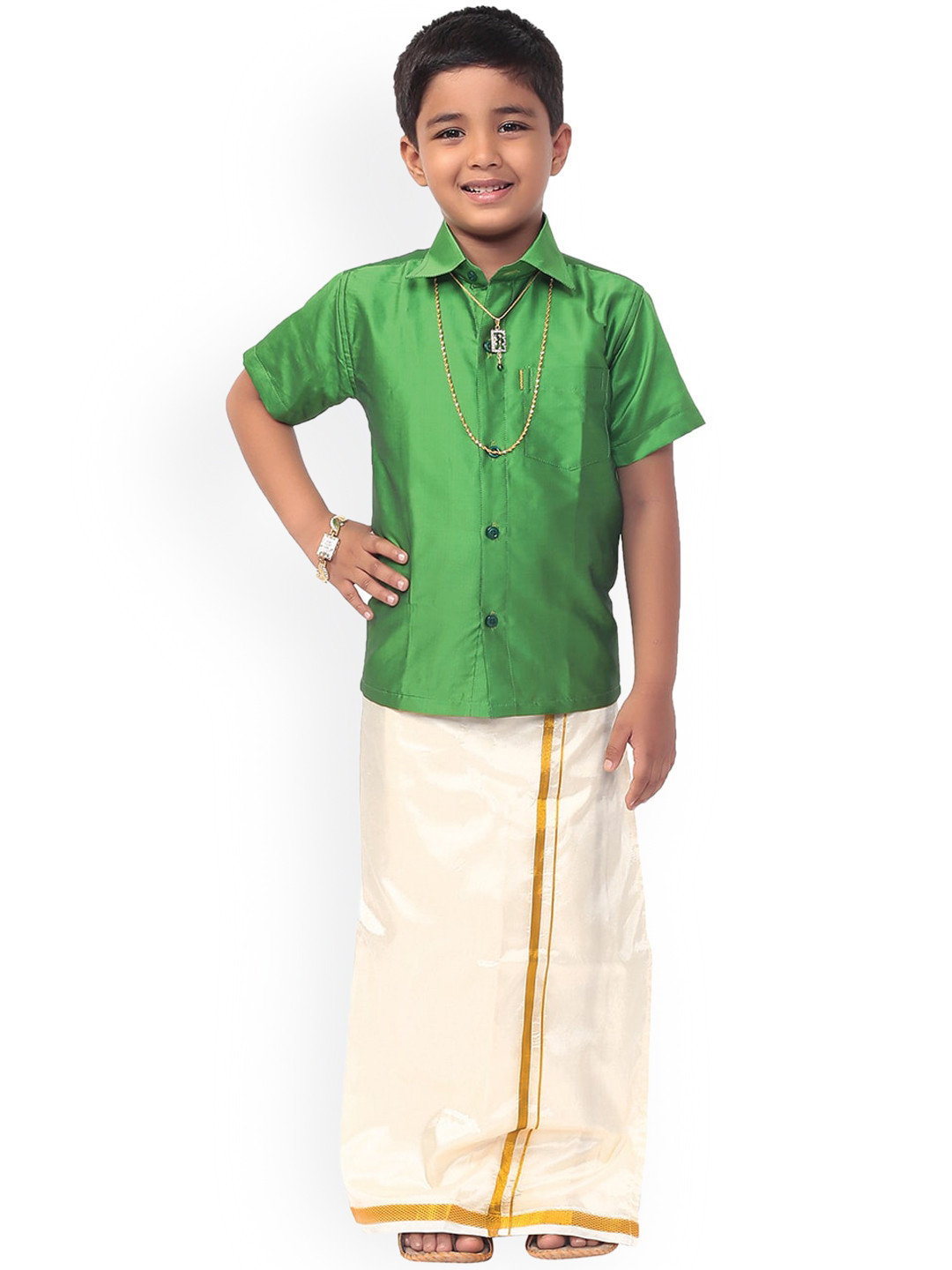 Thala-thalapathy Boys Green & Off-White Solid Shirt with Veshti & Gift