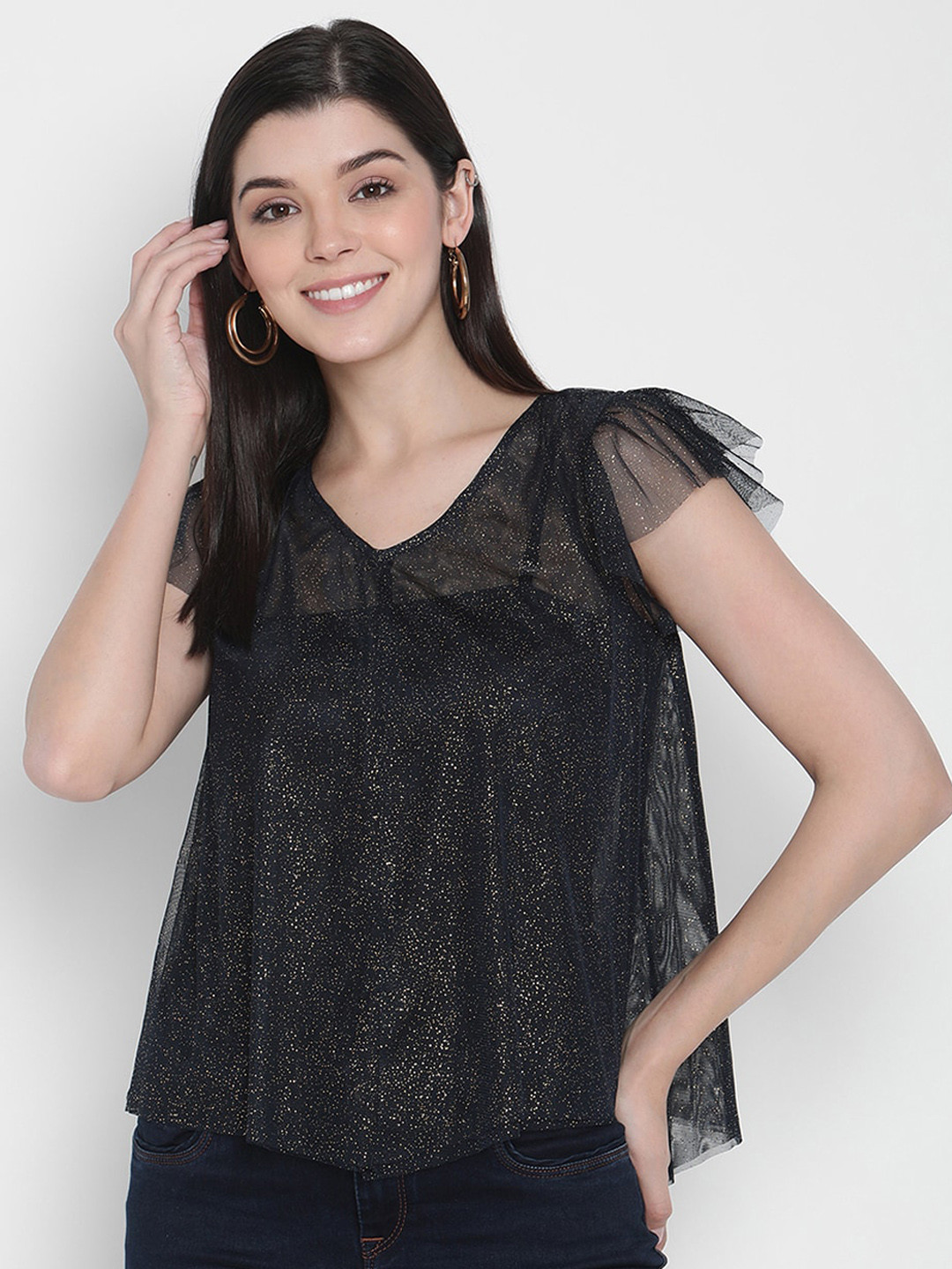 Porsorte Women Navy Blue Embellished A-Line Top