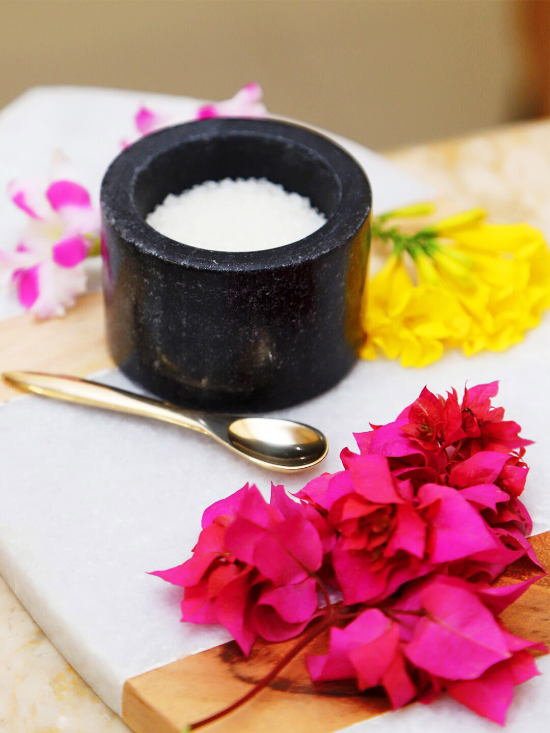 NikkisPride Set Of 2 Black Salt & Pepper Cellar Box With Pure Brass Spoon