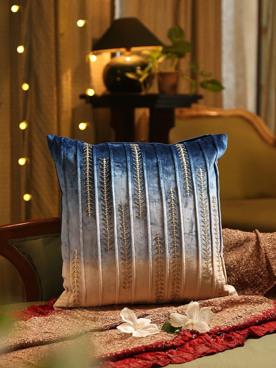 Amoliconcepts Blue & Grey Embellished Square Cushion Cover