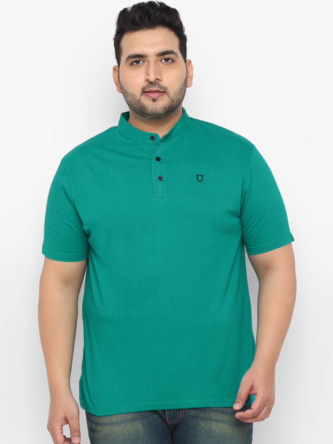 Urbano Plus Men Teal Solid Mandarin Collar T-shirt