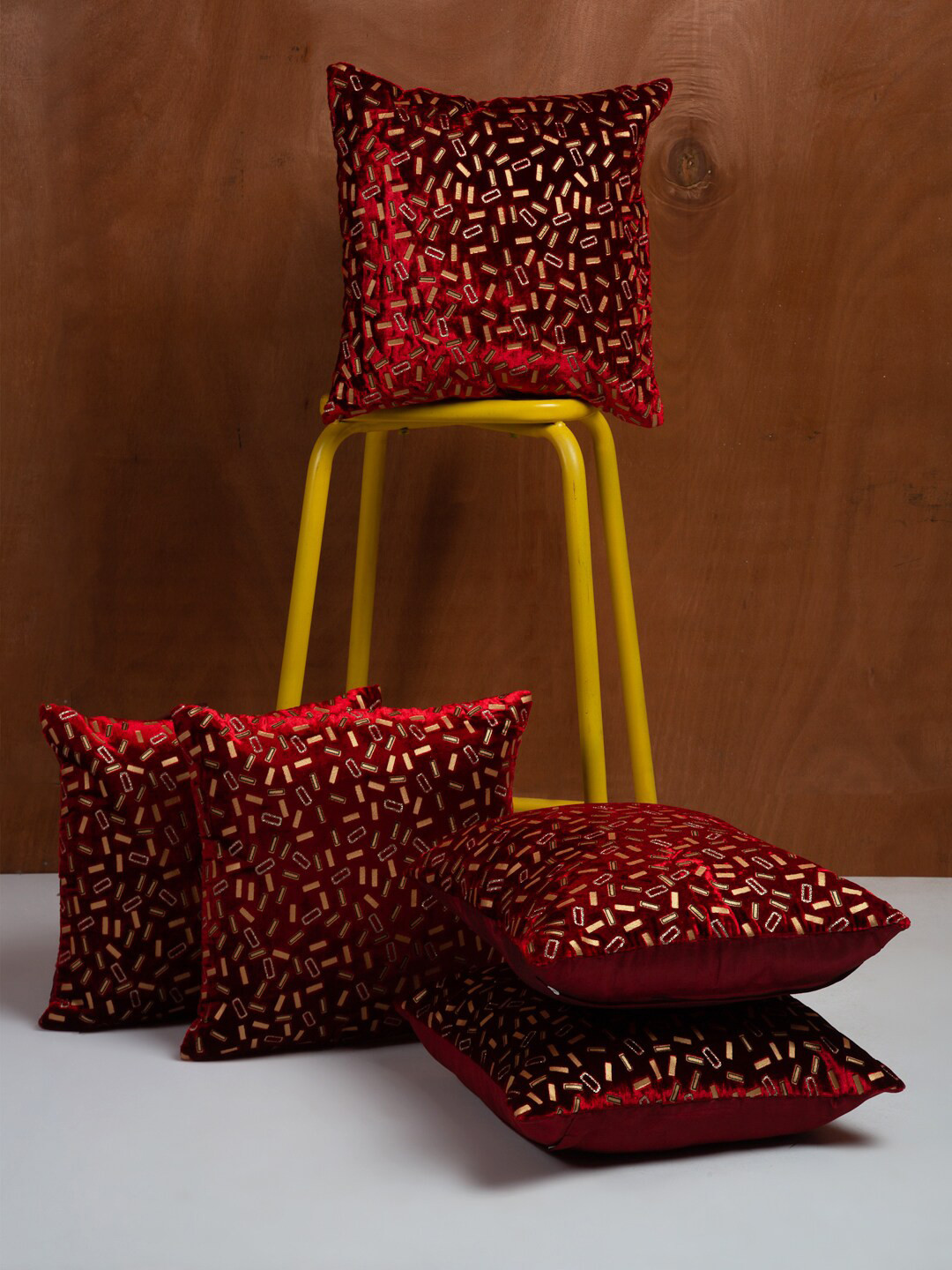 HOSTA HOMES Red & Gold Toned 5 Pieces Velvet Square Cushion Covers